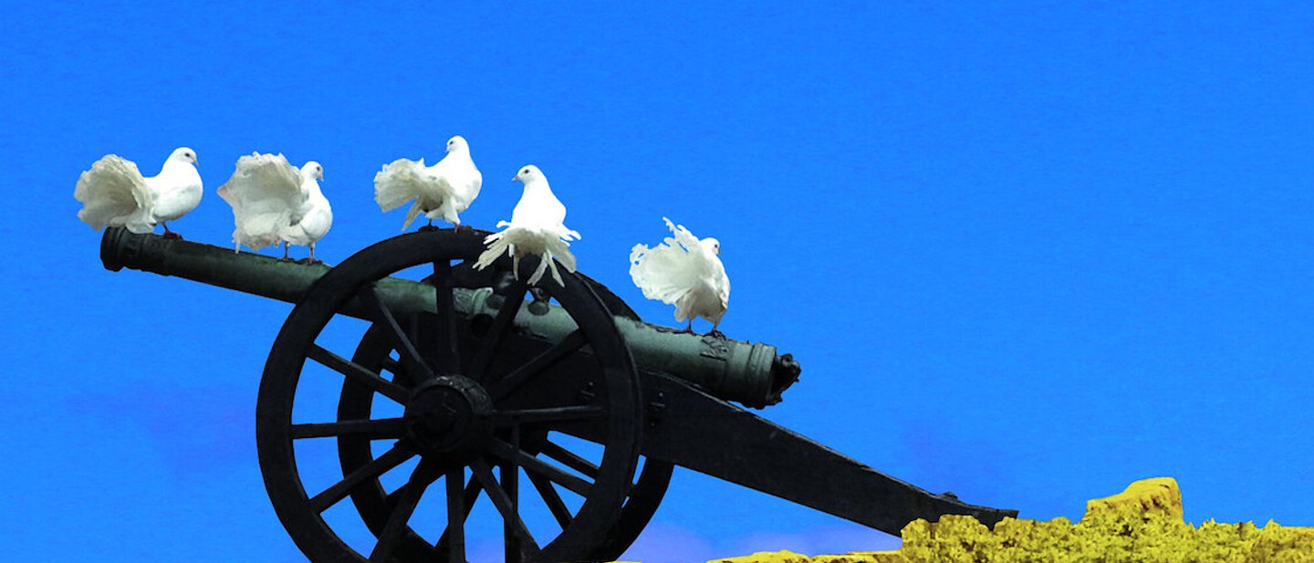 man sieht mehrere weiße Tauben die auf einer alten Kanone sitzen. Das Bild ist zur Kriese in de Ukraine in den Landesfarben der Ukrainischen Flagge gestaltet.