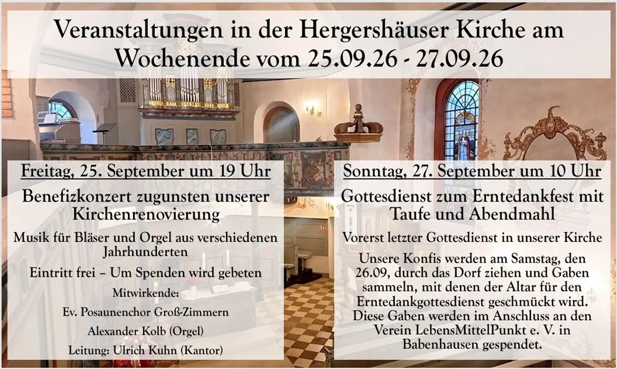 Im Bild sind Daten zu Veranstaltungen am 25. + 27.09.2026 in der Hergershäuser Kirche genannt.