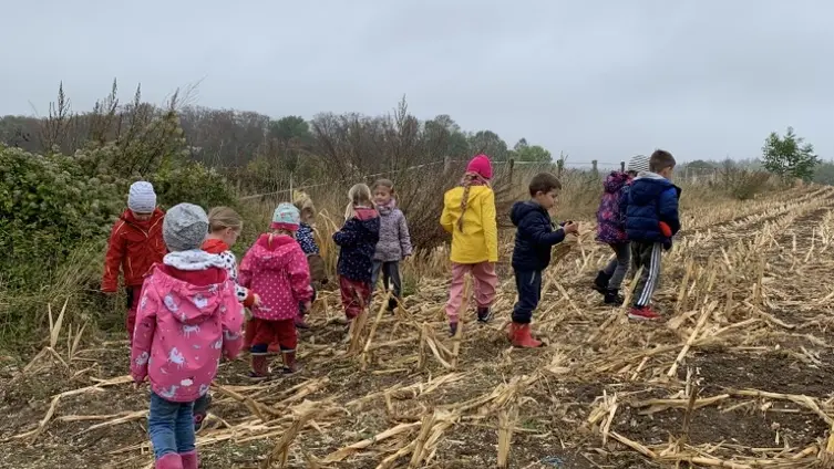 Das Foto zeigt KiTakinder auf einem abgeernteten Feld.