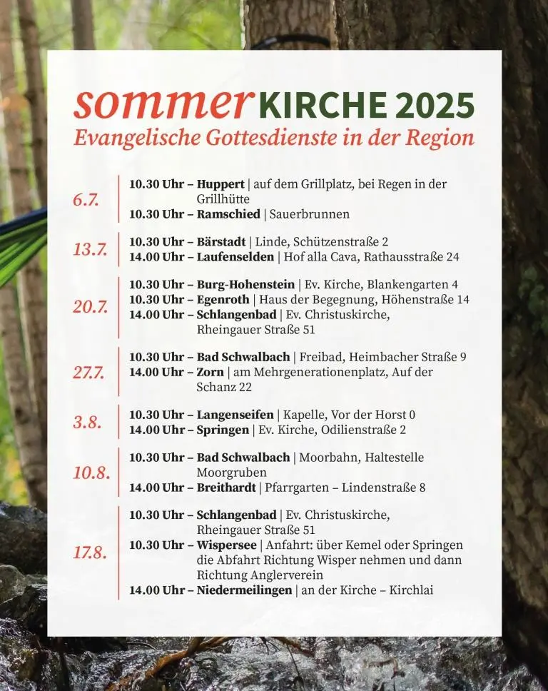Programm der Sommerkirche der Hoffnungsgemeinde im Untertaunus
