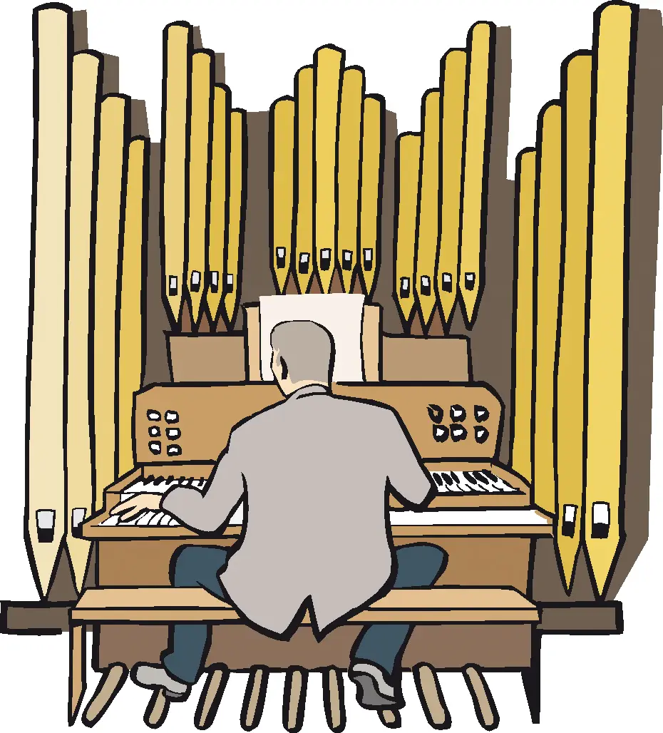 Zeichnung: Organist spielt die Kirchenorgel