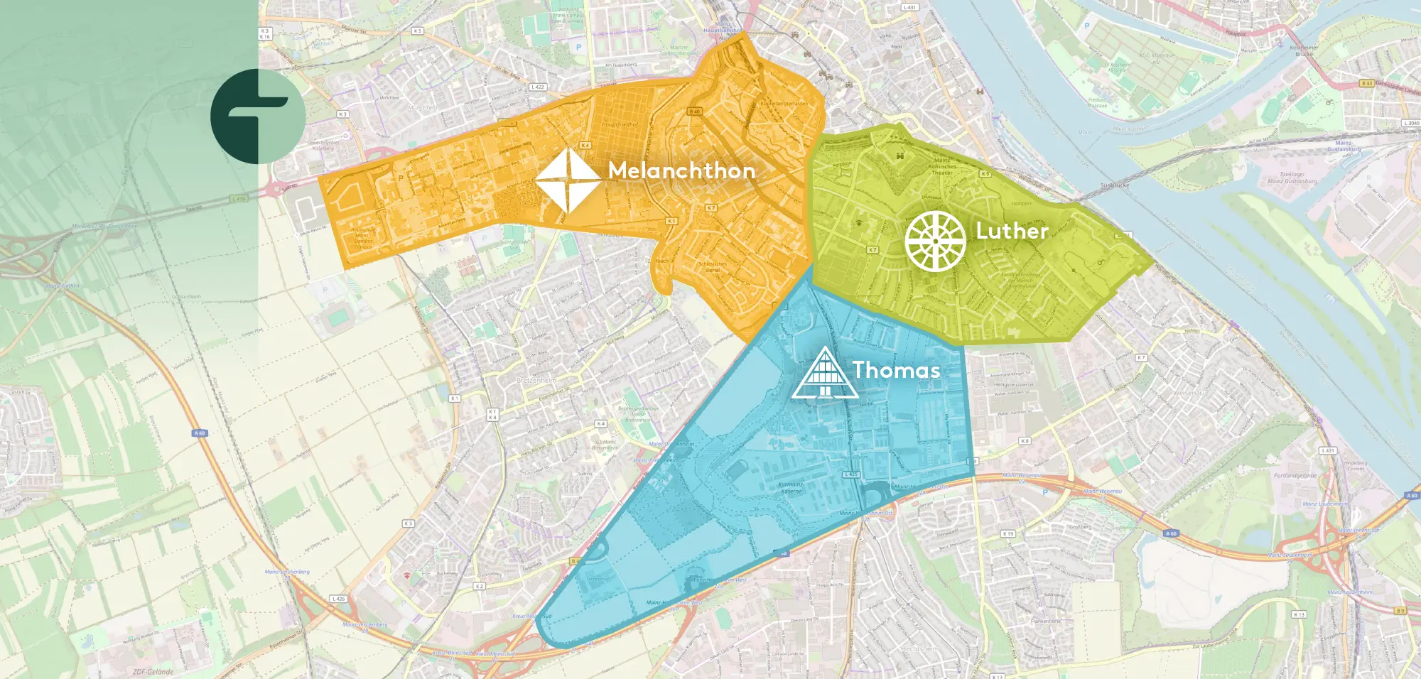 Die drei Bezirke der Oberstadtgemeinde