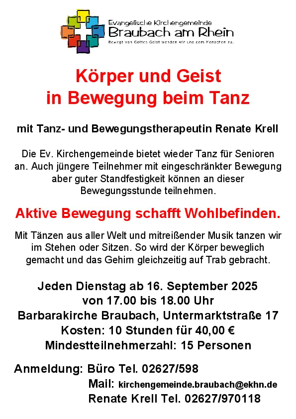 Das Plakat lädt ein zu Körper und Geist in Bewegung beim Tanz ab dem 16.09.25 jeden Dienstag von 17.00 - 18.00 Uhr unter Leitung von Renate Krell in der Barbarkirche.
