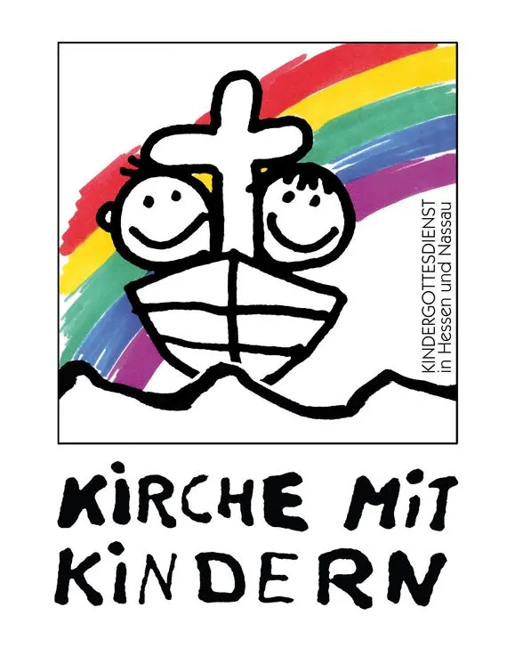 Logo Kirche mit Kindern Comic mit Kindern im Boot vorm Regenbogen