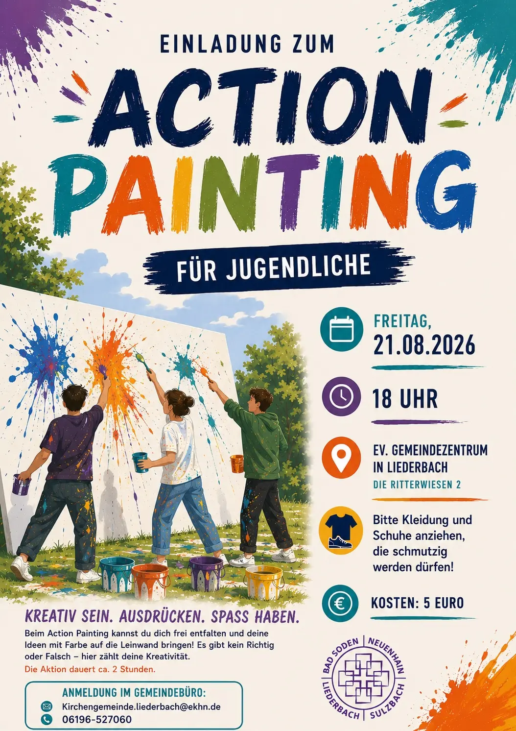 Einladung zu Action Painting für Jugendliche am 21.8.26 um 18 Uhr im Ev. Gemeindezentrum