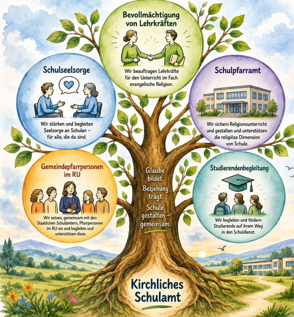 Auf der Grafik ist ein Baum zu sehen in dessen 5 Blasen die Aufgabenbereiche der Kirchlichen Schulämter beschrieben werden.