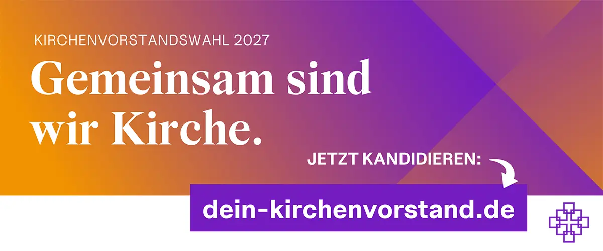 Eine Bannerwerbung mit Verlauf in Violett und Orange und dem Slogan "Gemeinsam sind wir Kirche". Verweis auf die Website dein-kirchenvorstand.de