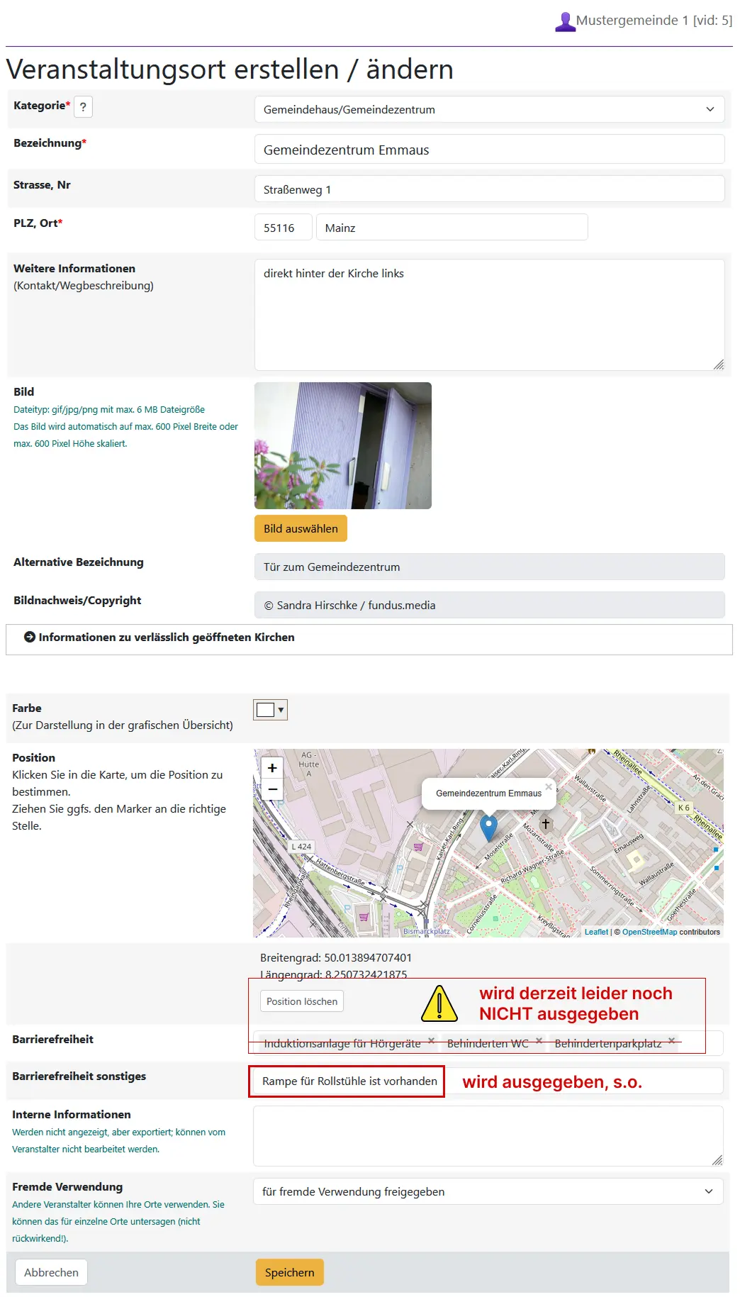 komplett ausgefüllte Eingabemaske Veranstaltungsort