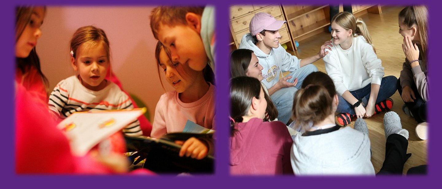 Das Bild zeigt zwei Fotos; eins mit einer Gruppe von vier Kleinkindern und eins mit sechs Jugendlichen. Alles sitzen im Kreis auf dem Boden. 