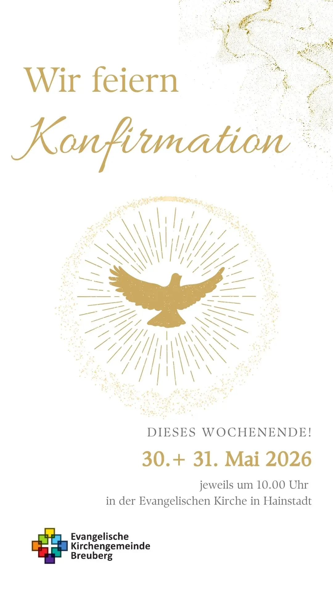 Das Foto zeigt den Hinweis zu den Konfirmationsgottesdiensten am 30.05.2026 und 31.05.2026 in der Hainstädter Kirche.