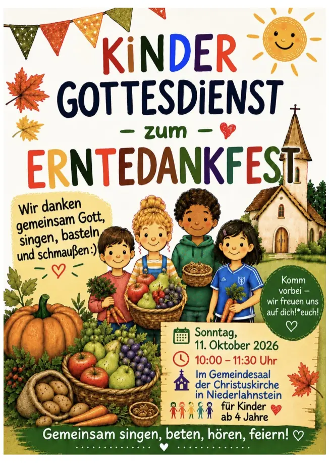Wir feiern Entedank Der Kigo feiert am 11.10.26 Entedank (10:00 Uhr bis 11:30 Uhr im Gemeindesaal der Christuskirche)