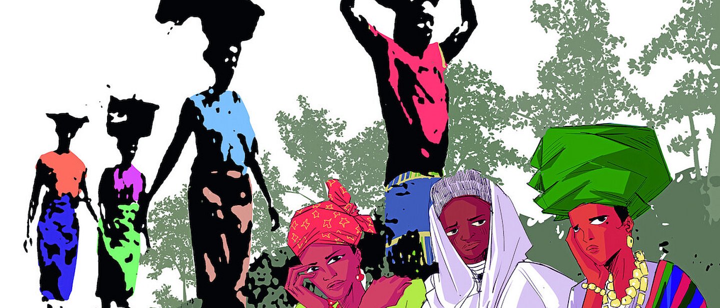 Zeichnung von afrikanischen Frauen in bunten Kleidern