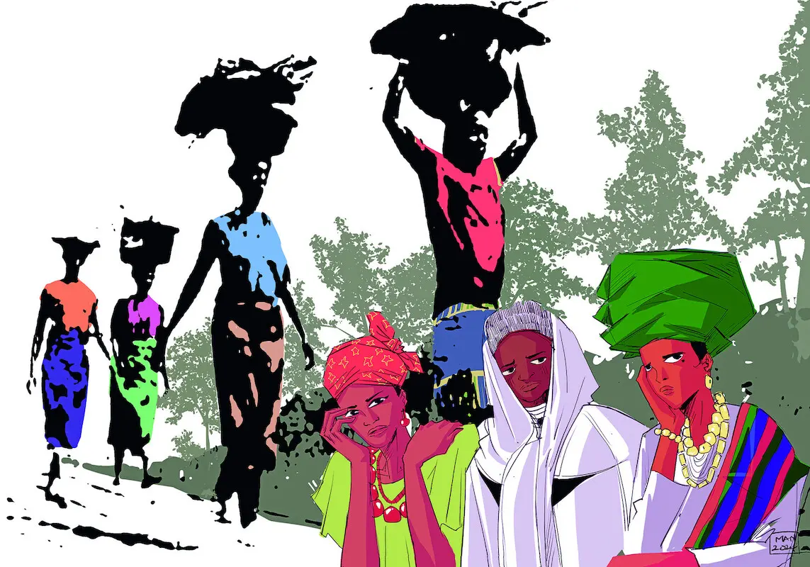 Zeichnung von afrikanischen Frauen in bunten Kleidern