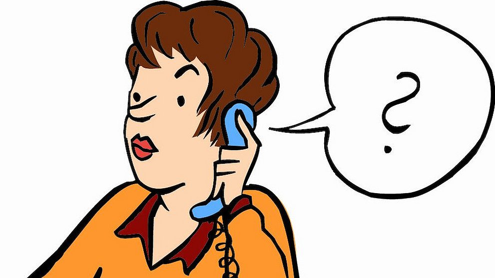 Eine Frau hält sich einen Telefon-Hörer gegen ihr Ohr. Neben ihrem Kopf ist  ein Fragezeichen. Jemand befragt die Frau am Telefon für eine Umfrage.