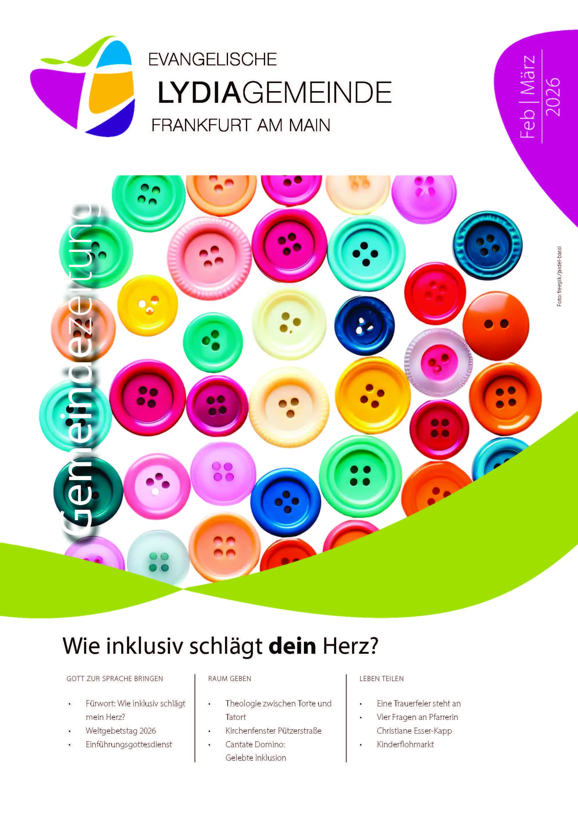 Das ist das Cover der Gemeindezeitung der Ev. Lydiagemeinde von Februar und März 2026. Das Titelthema ist Inklusion, gezeigt ist eine Ansammlung von bunten Knöpfen. 