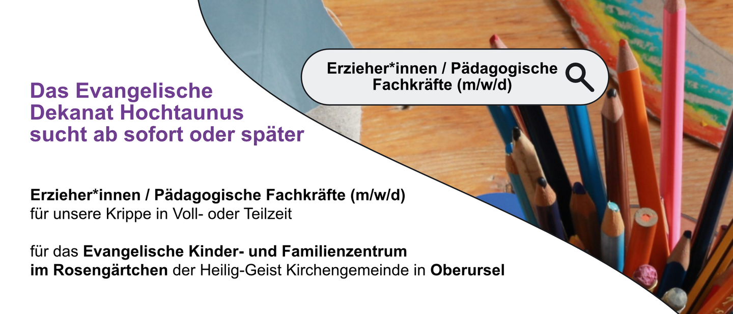 Header für die Stellenanzeige eine*r Erzieher*in. Am rechten Bildrand sind Buntstifte in einem Köcher zu sehen