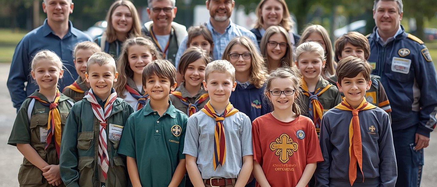 Gruppe Betreuern und mit Kinder im Alter zwischen 6 und 12 Jahren die Mitglieder einer Pfadfindergruppe sind