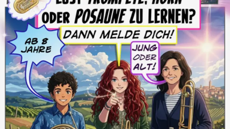 Abbildung der Kirche Höchst mit Bläsern in unterschiedlichem Alter