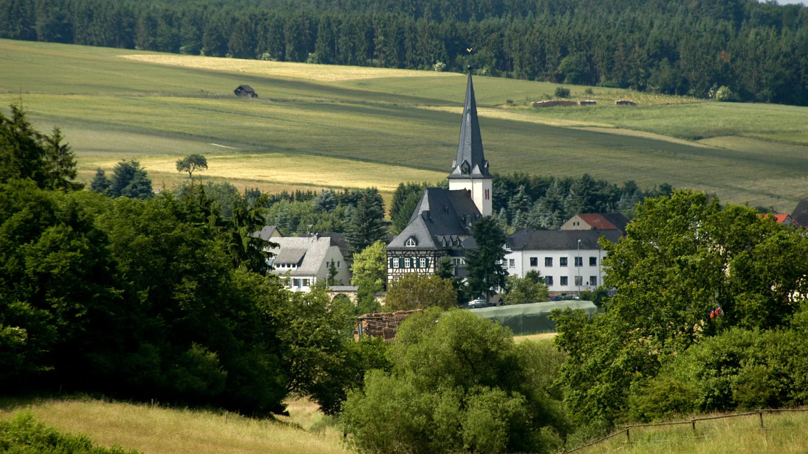 Blick auf Strinz-Trinitatis und die Kirche vom Feld aus