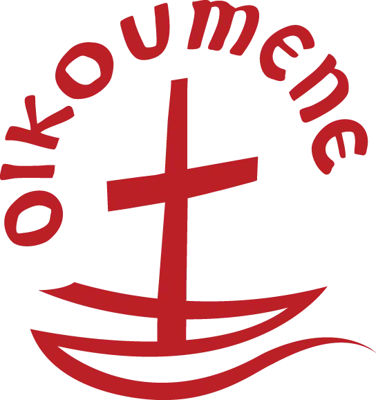 Logo der Ökumene: Schrift Oikumene, Kreuz auf skizziertem Schiff