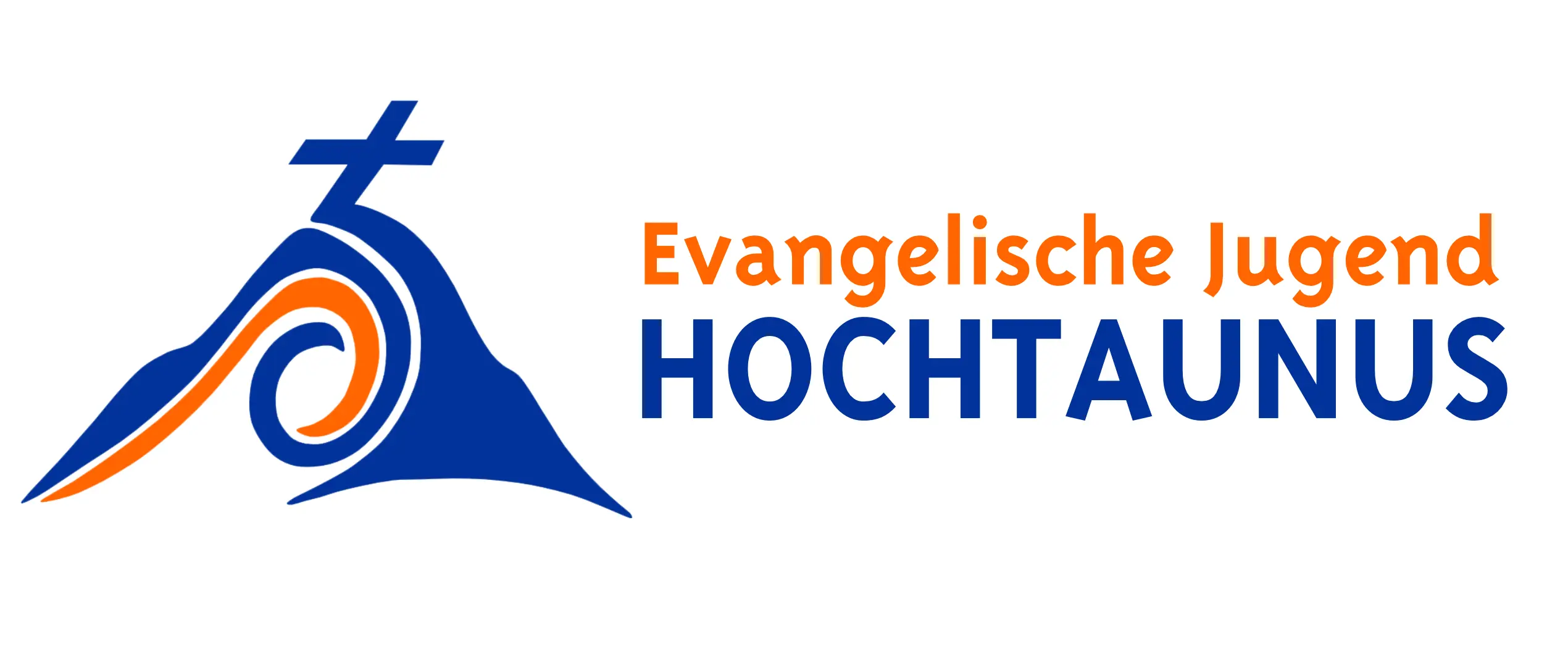 Logo der Evangelischen Jugend Hochtaunus mit einem Berg mit Gipfelkreuz und dem Wirbel des Logos der EJHN. Daneben der Schriftzug "Evangelische Jugend Hochtaunus" 