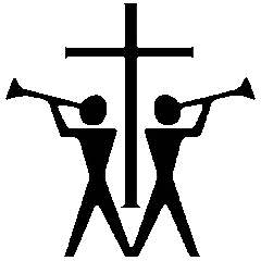 Das Logo zeigt zwei Stichmännchen mit Posaunen unter einem Kreuz.