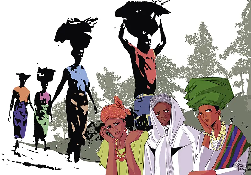 Das Bild mit dem Titel “Rest for the Weary” (Erholung für die Müden) stammt von der jungen nigerianischen Künstlerin Gift Amarachi Ottah. Wir sehen drei Frauen aus ländlichen Gegenden auf dem Weg zu ihren Farmen – ein gefährlicher Weg, da sie Übergriffe und Hindernisse aller Art befürchten müssen. Im Vordergrund drei Frauen in typischer traditioneller Kleidung, die die vielfältigen Kulturen Nigerias repräsentieren. 