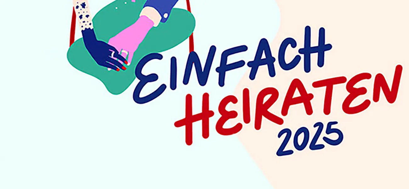 Bunte Illustration mit zwei sich haltenden Händen und dem Schriftzug „Einfach heiraten 2025“.