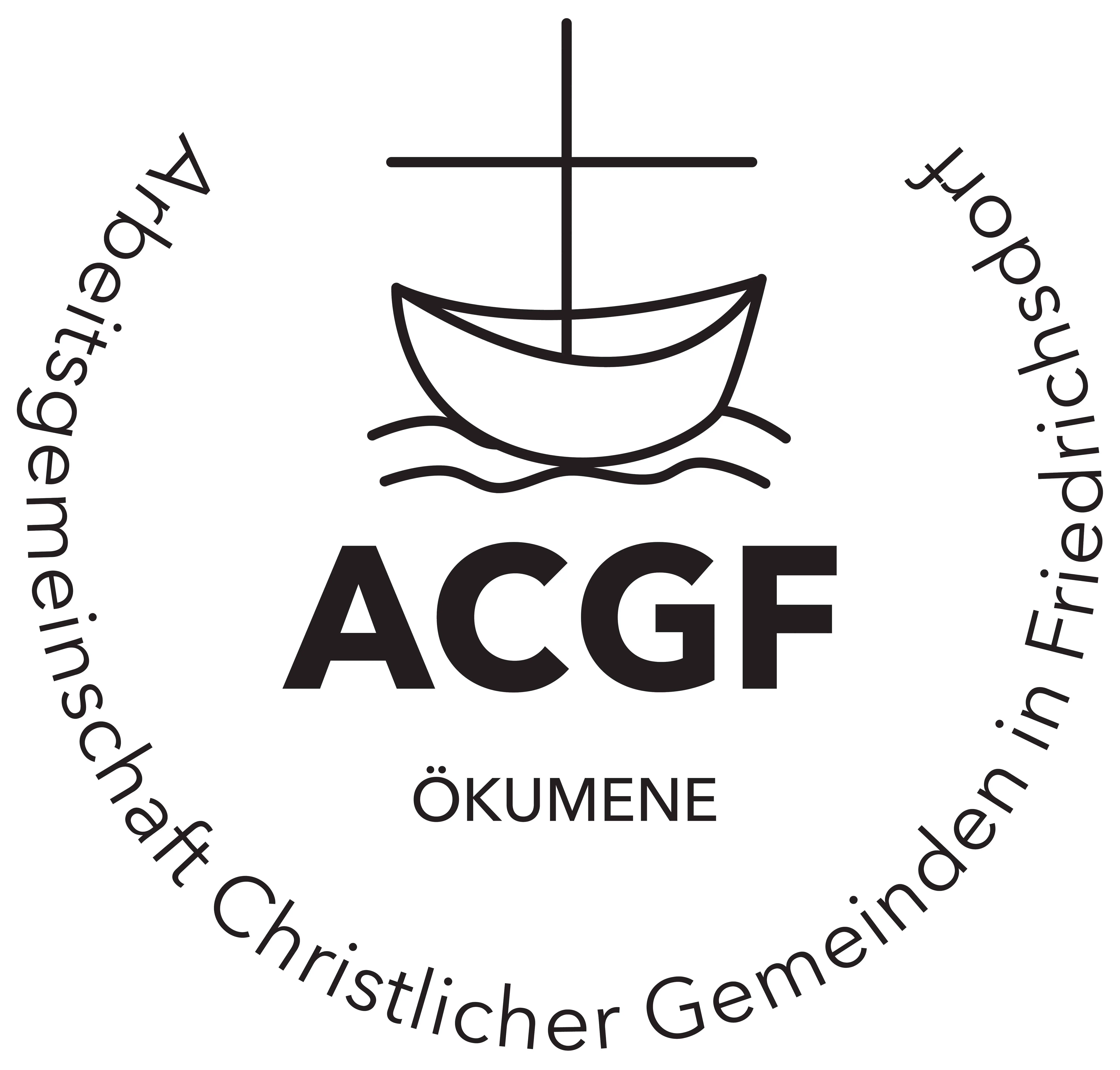 Das Logo der Arbeitsgemeinschaft Christlicher Gemeinden in Friedrichsdorf zeigt im Zentrum ein gezeichnetes Boot mit kreuzförmigem Mast, die Buchstaben ACGF und außen kreisförmig den Schriftzug "Arbeitsgemeinschaft Christlicher Gemeinden in Friedrichsdorf".