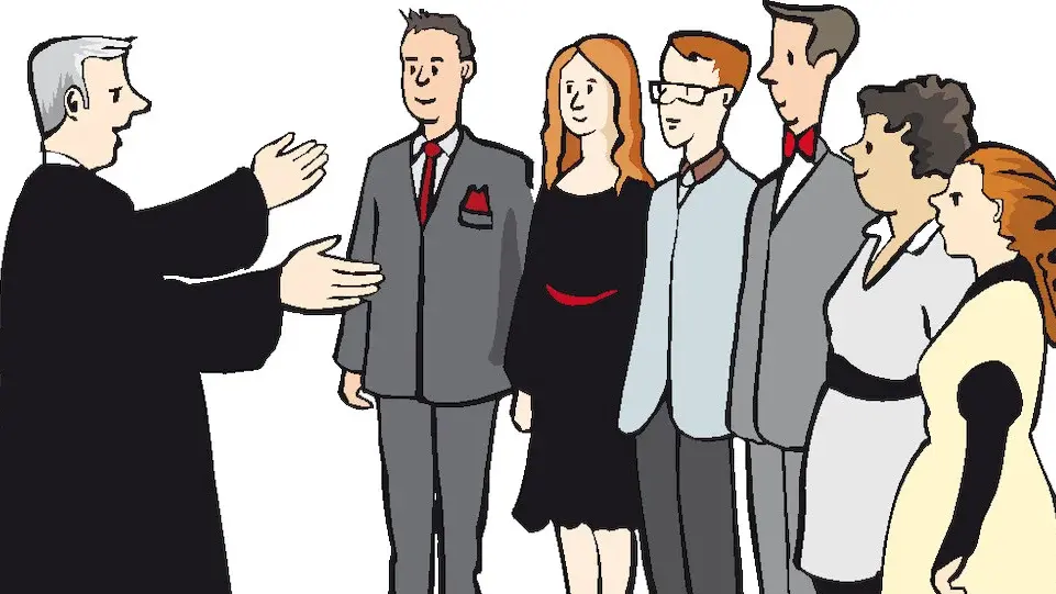 Zeichnung: Pfarrer spricht vor Konfirmandinnen und Konfirmanden