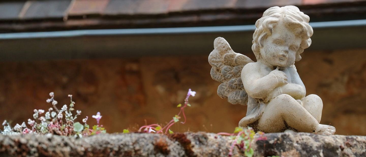 Ein kleiner Steinengel sitzt auf einer Mauer. Daneben wachsen ein paar kleine Blümchen. 
