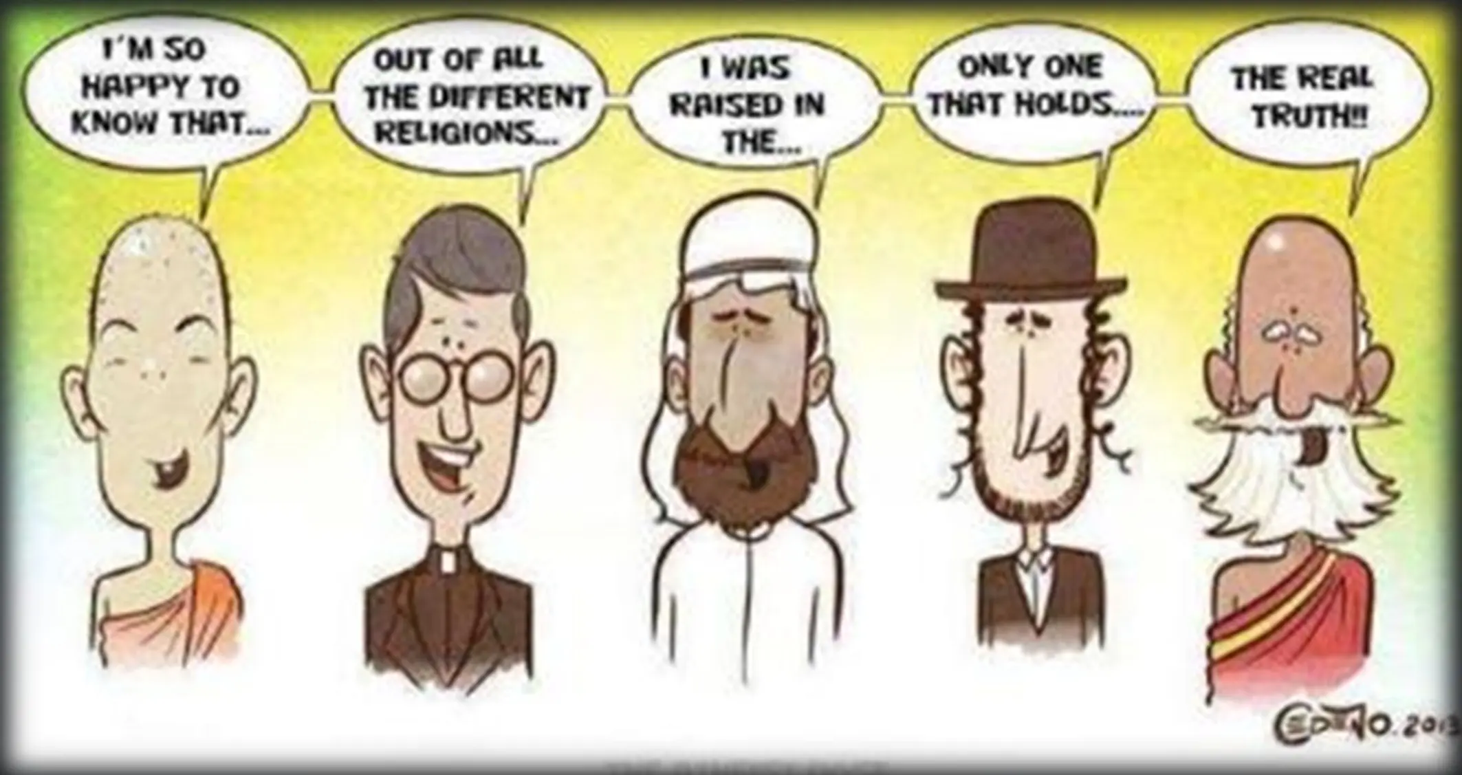 Ein Cartoon zeigt 5 Personen unterschiedlicher Religionen. Jeder behauptet, die echte Wahrheit zu besitzen.