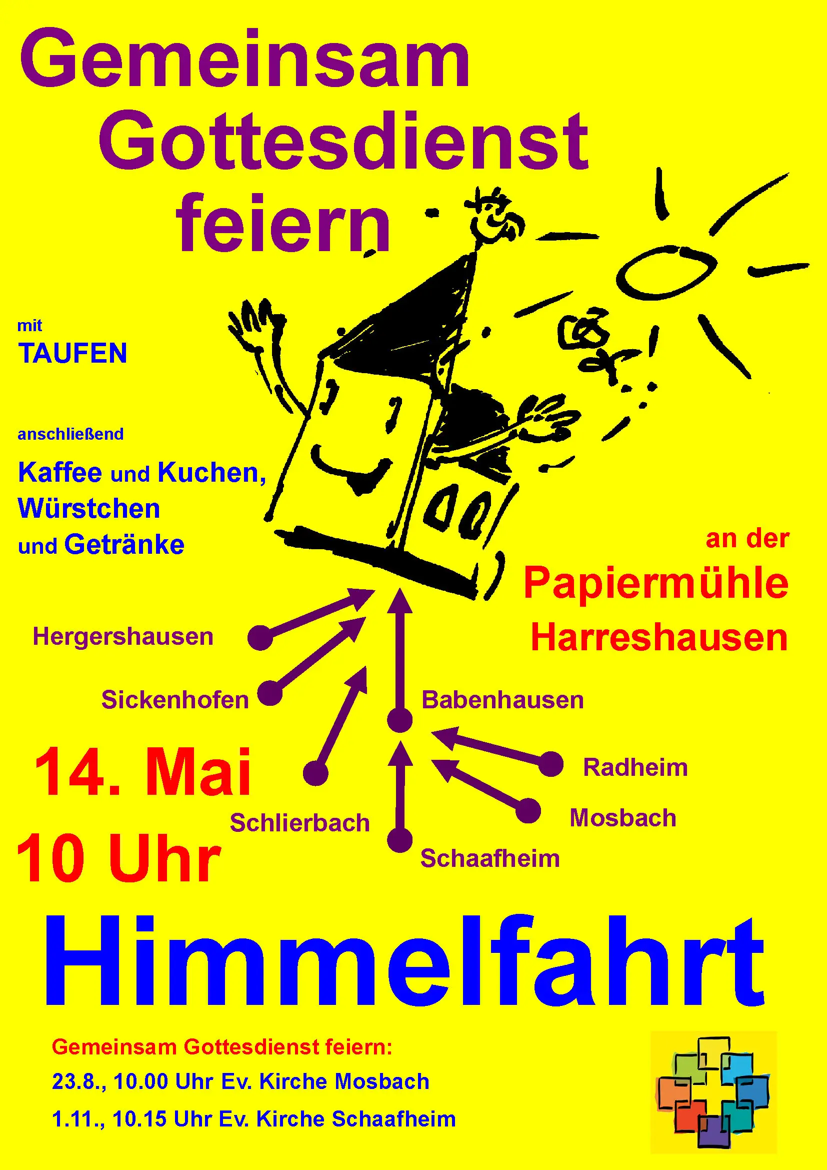 Das Bild zeigt den Flyer für den Himmelfahrtsgottesdienst am 14.05.2026.