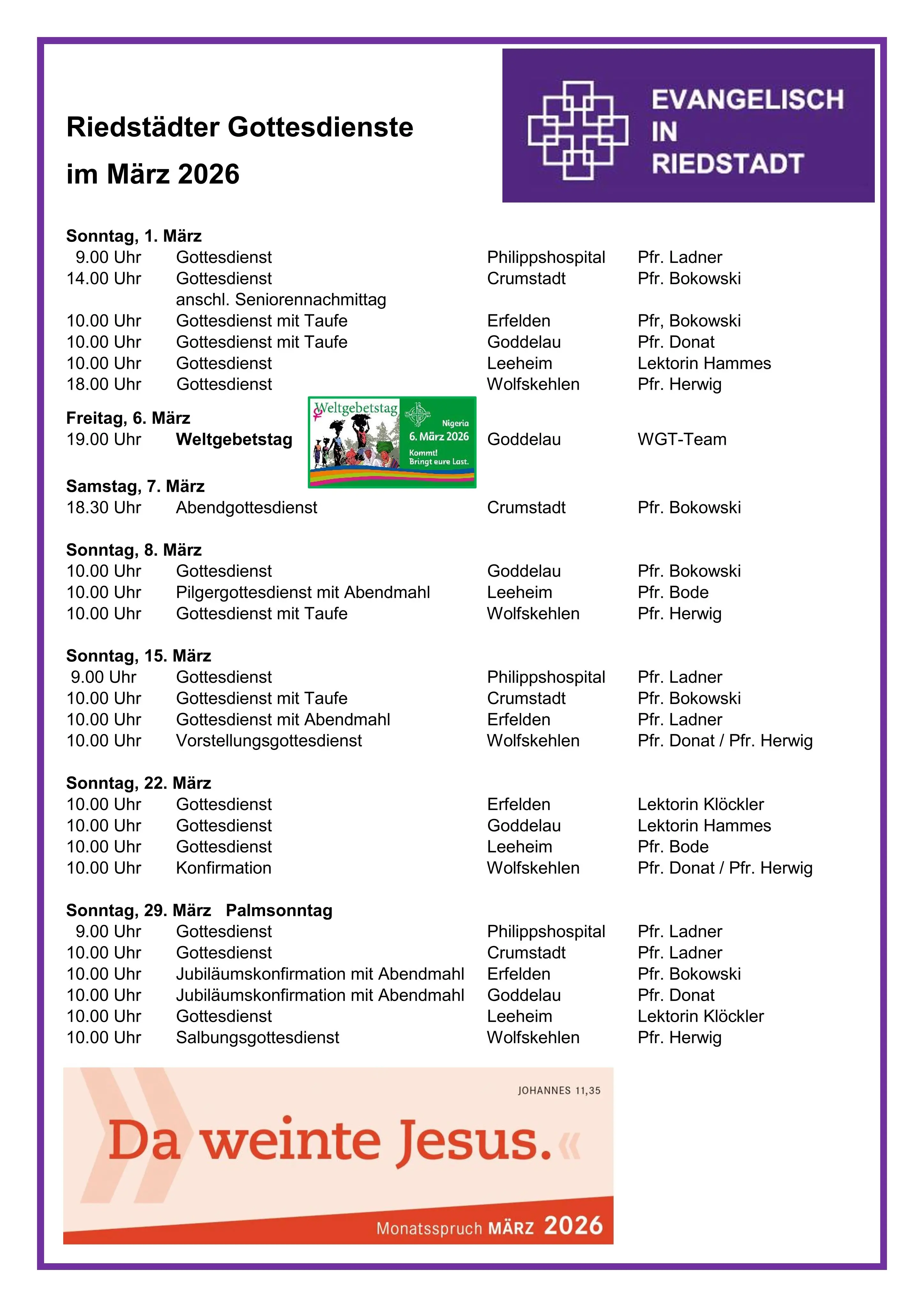 Riedstädter Gottesdienste März 2026