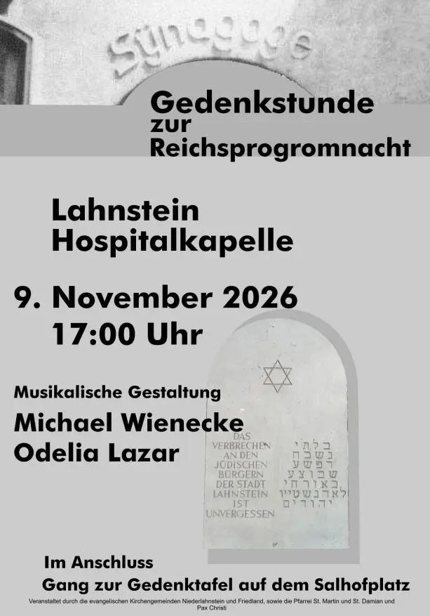 Einladungung zur Gedenkstunde zur Reichprognomnacht am 9. 11.2026 in die Hospizkappelle im Anschluss Gang zur Gedenktafel am Saalhofplatz