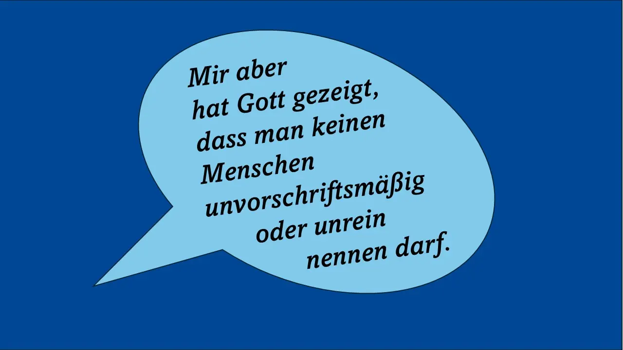 In einer hellblauen Sprechblase stehen die Worte des Monatsspruchs in schwarzer Schrift.