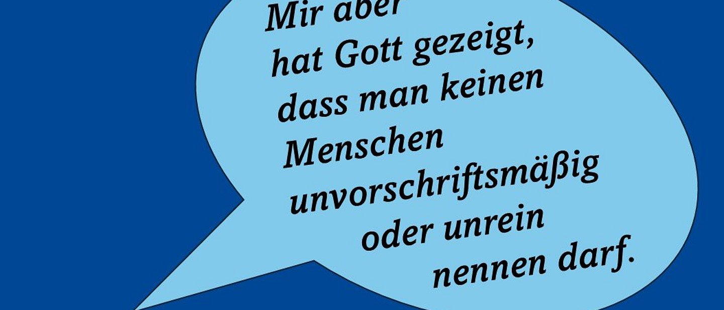 In einer hellblauen Sprechblase stehen die Worte des Monatsspruchs in schwarzer Schrift.