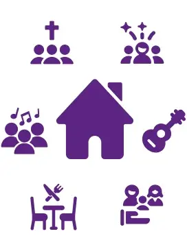 Ein Violettes Icon eines Hauses in der Mitte. Darum herum weitere Icons mit Tätigkeiten eines Gemeindehauses