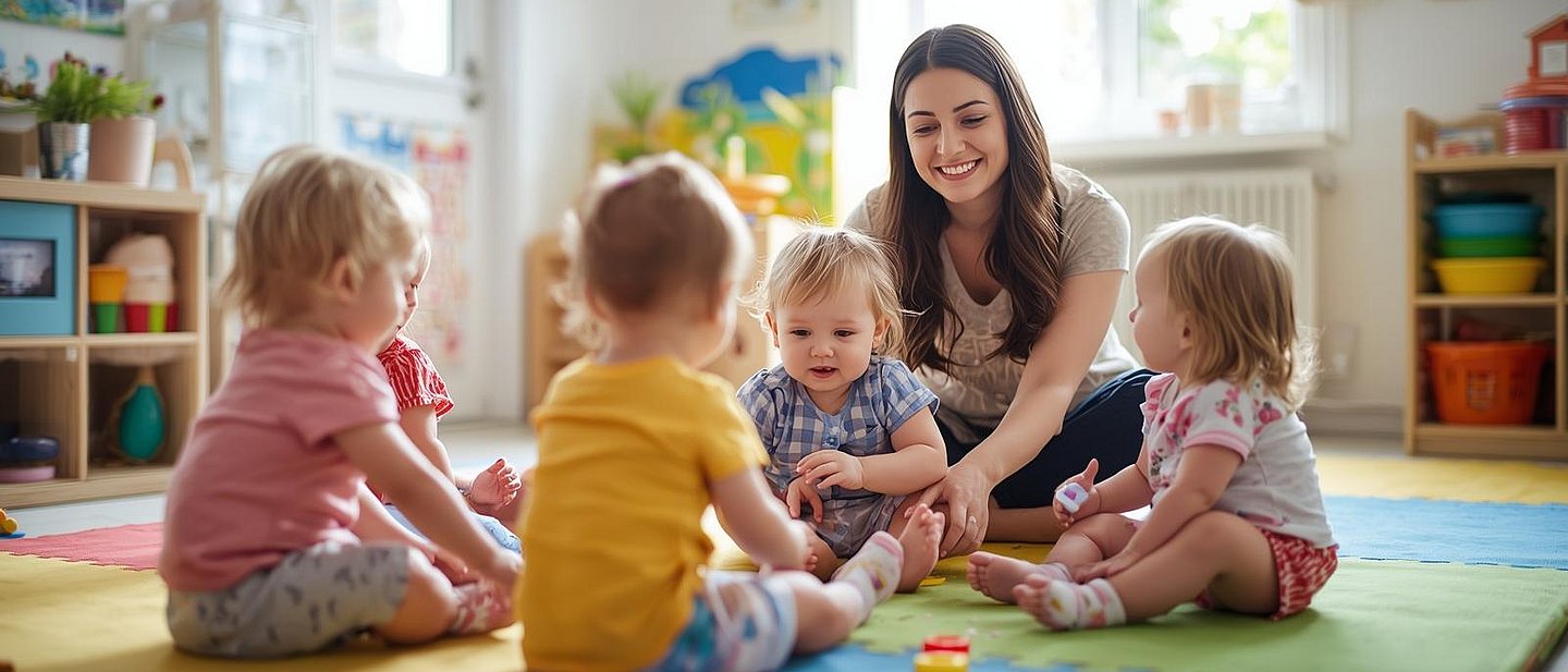 Gruppe von 4 Kleinkindern und einer Betreuerin. Alle sitzen auf dem Boden und spielen
