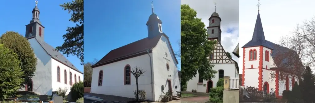 Collage mit Fotos der Kirchen in Ober-Ramstadt, Rohrbach, Modau und Ernsthofen.