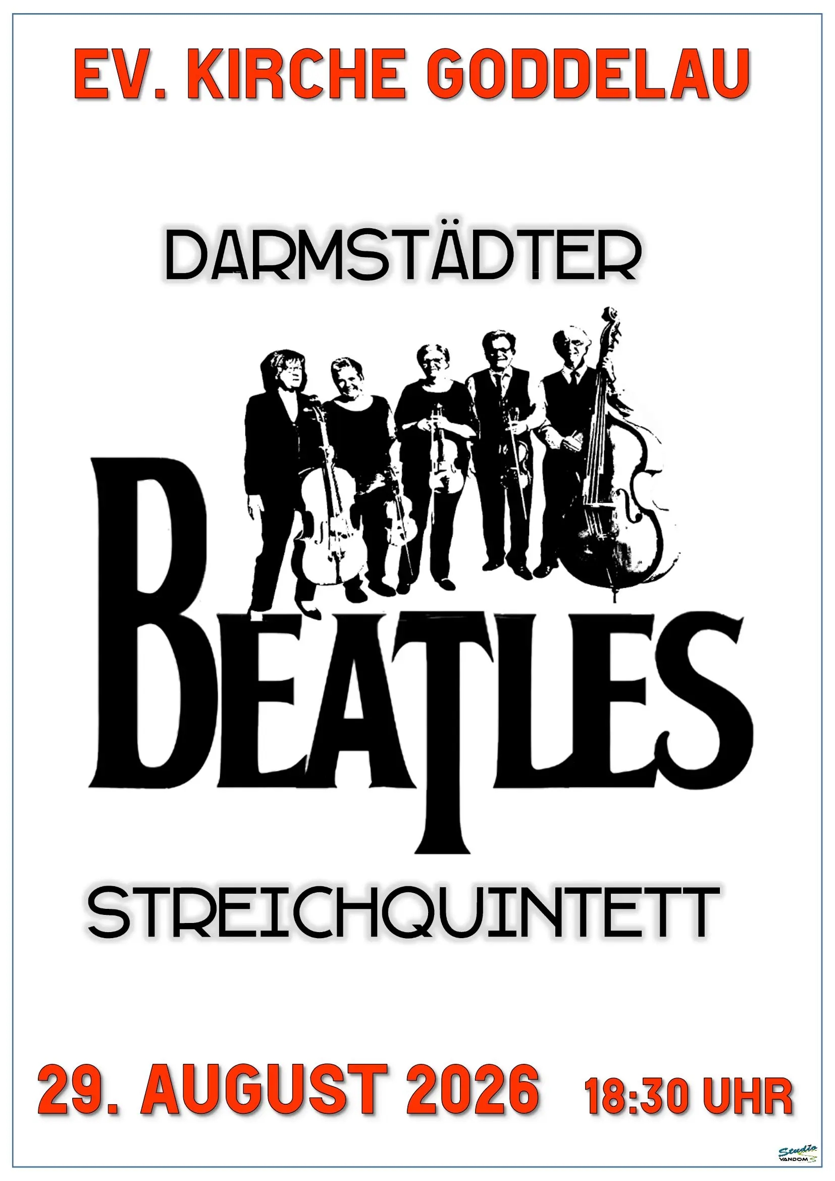 Plakat zum musikalische Abendgottesdienst mit dem Beatles Streichquintett