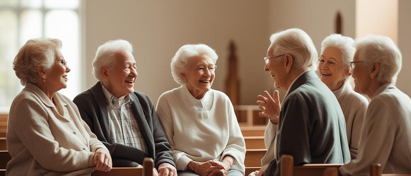 6 Senioren die sich in einer Kirche unterhalten