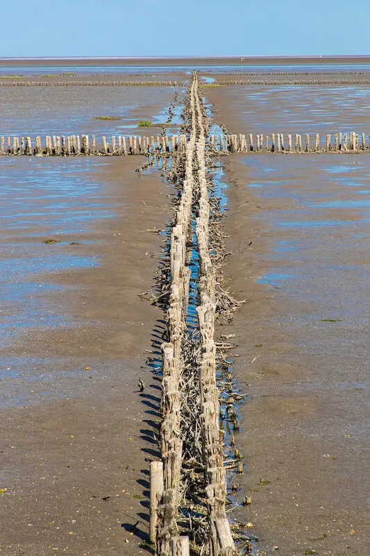 Kreuz im Wattenmeer, das durch Pfähle dargestellt ist.