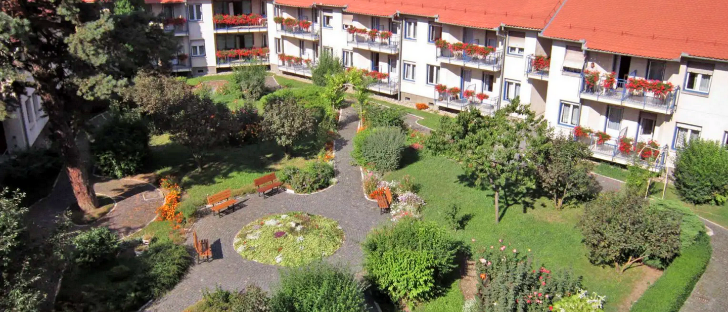 Luftaufnahme zeigt das Haus mit grünem Garten