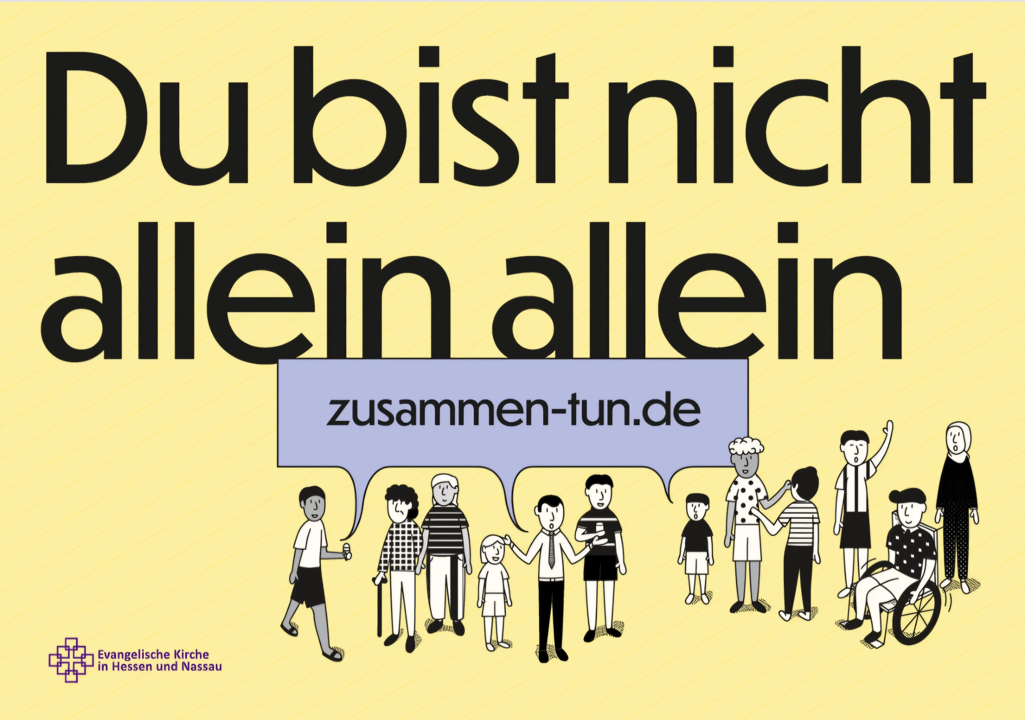 Grafik auf gelbem Grund zum Thema der Impulspost: Einsamkeit zeigt ganz untersschiedliche Menschen, zum Teil allein, zum Teil in Gruppen, dafür der Link zur Aktionsseite zusammen-tun.de