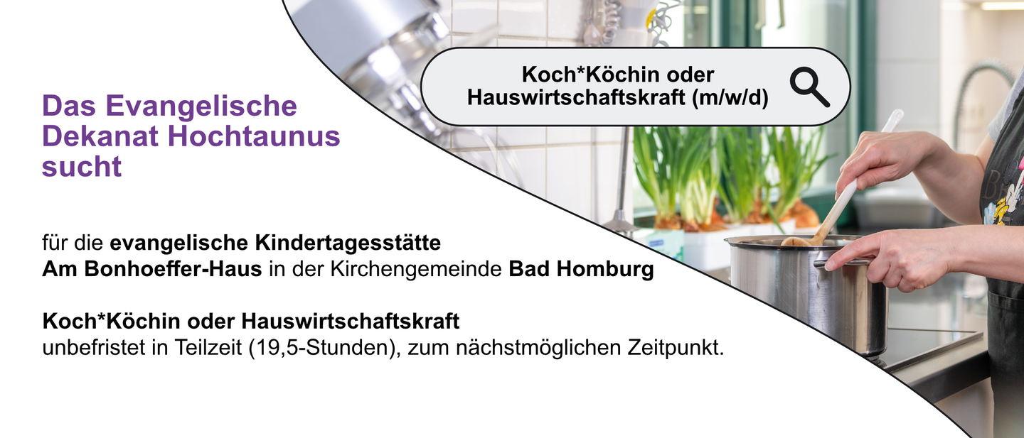Header einer Stellenanzeige Koch*Köchin, rechts ein Topf auf dem Herd in dem mit einem Kochlöffel gerührt wird, die Person ist nur angeschnitten