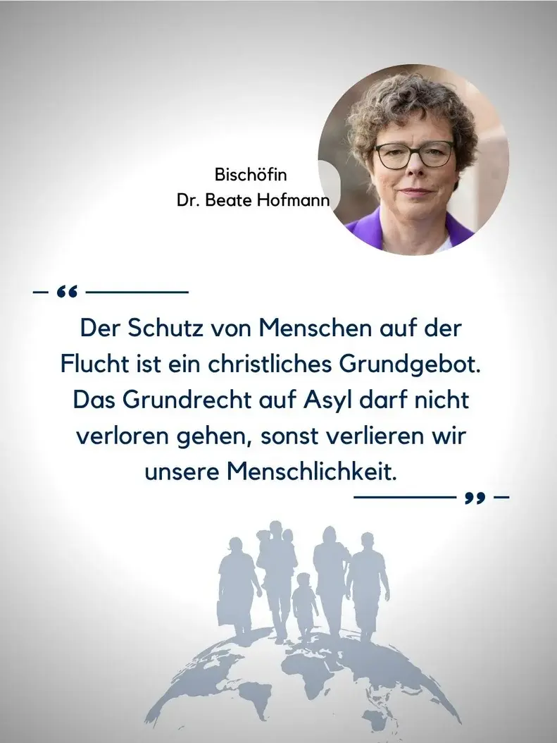 Oben rechts das Porträtbild der Bischöfin, darunter der Post, ganz unten eine halbe Weltkugel auf der eine Menschengruppe spazieren geht