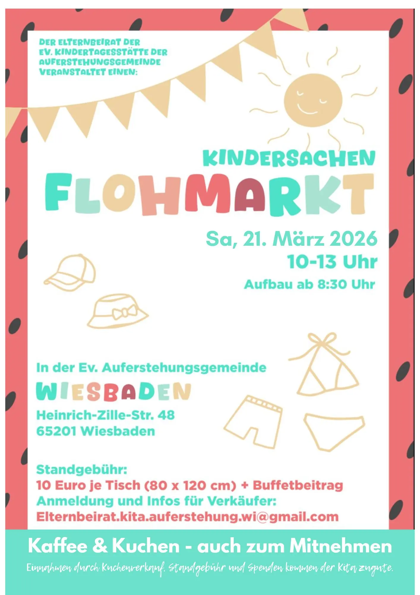 Plakat mit der Einladung zum Flohmarkt in der Kita der Auferstehungsgemeinde in WI-Schierstein