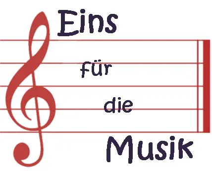 Grafik: Notenlinien mit Violinschlüssel und dem Schriftzug "Eins für die Musik" als Hinweis auf die Aktion des Freundeskreises Kirchenmusik.
