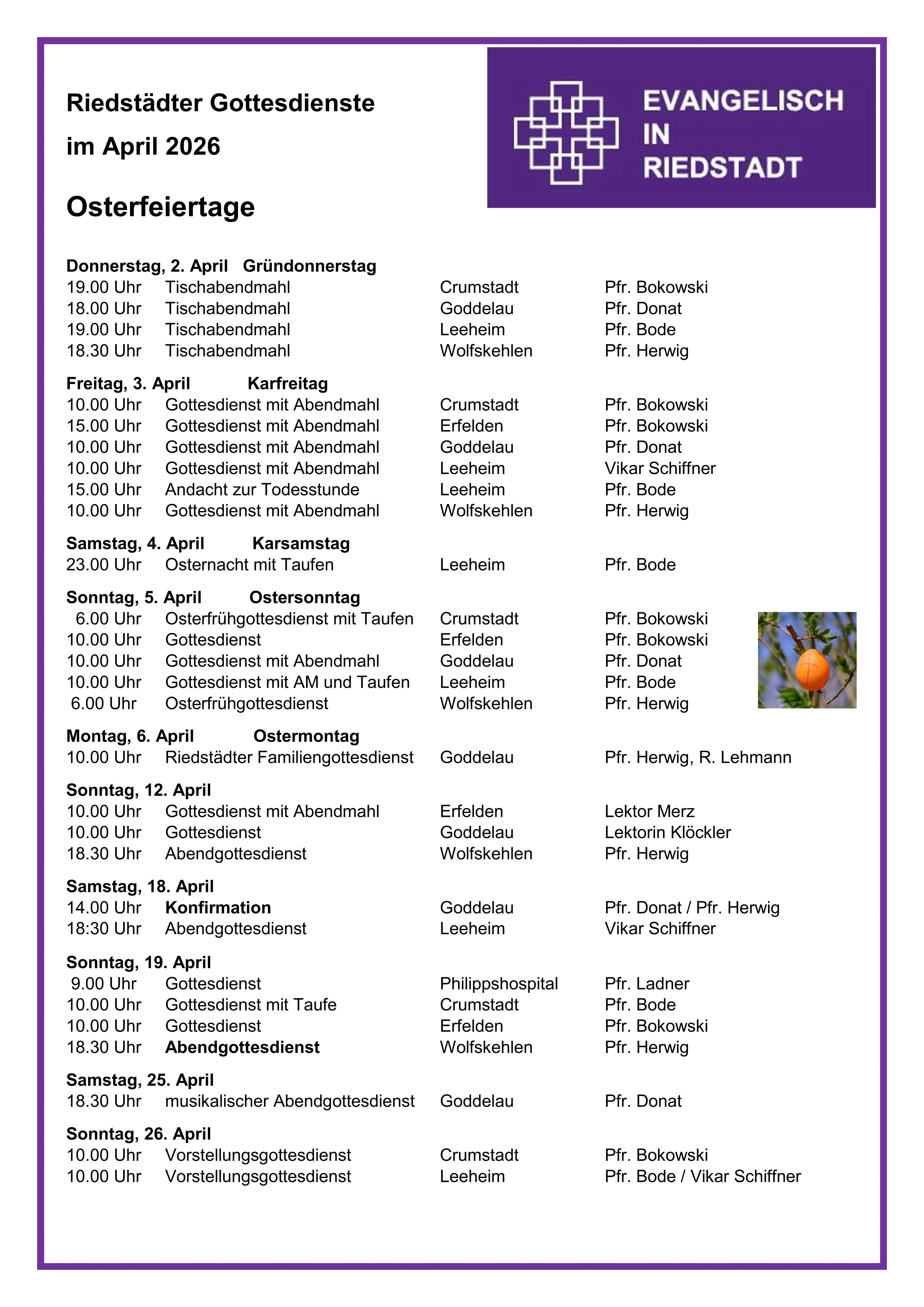 Riedstadt Gottesdienste April 2026